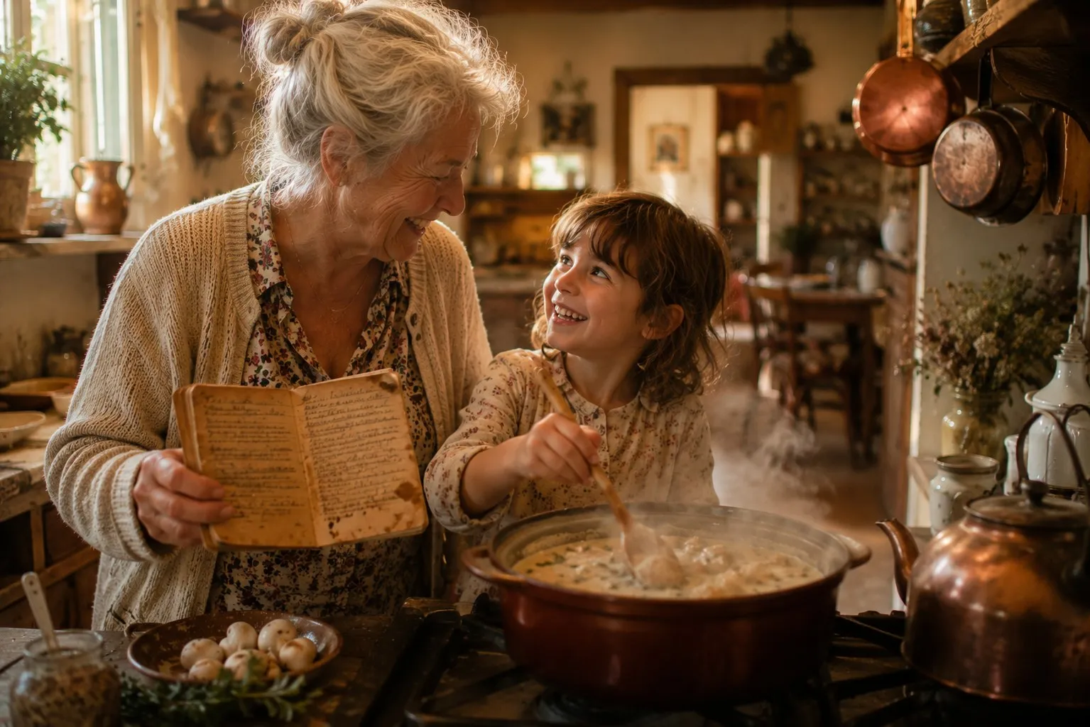 Une grand-mère montre son carnet de recettes manuscrit à sa petite-fille qui remue une blanquette dans une cocotte