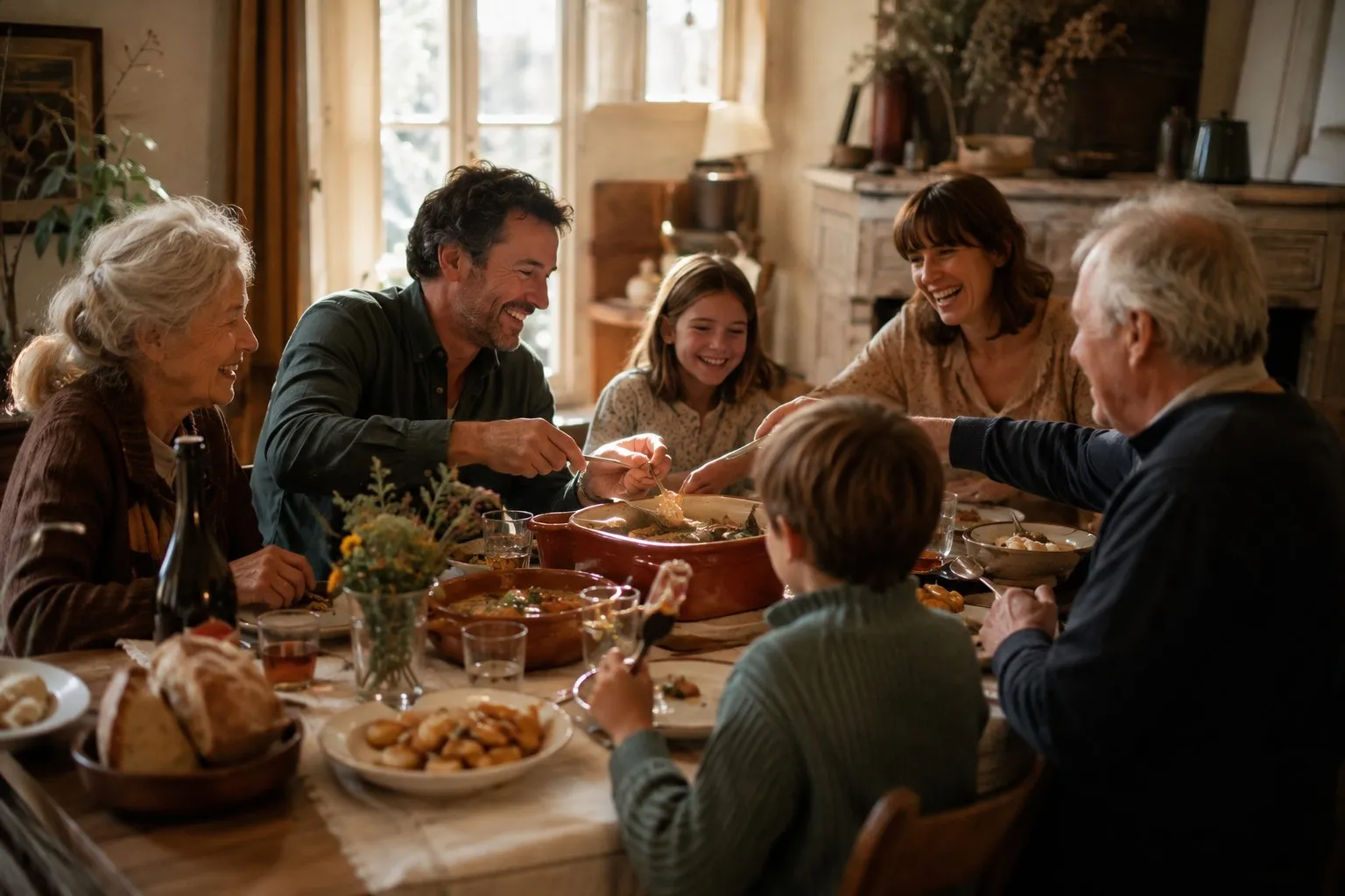 Trois générations d'une famille réunies autour d'un repas du dimanche, partageant un plat en cocotte